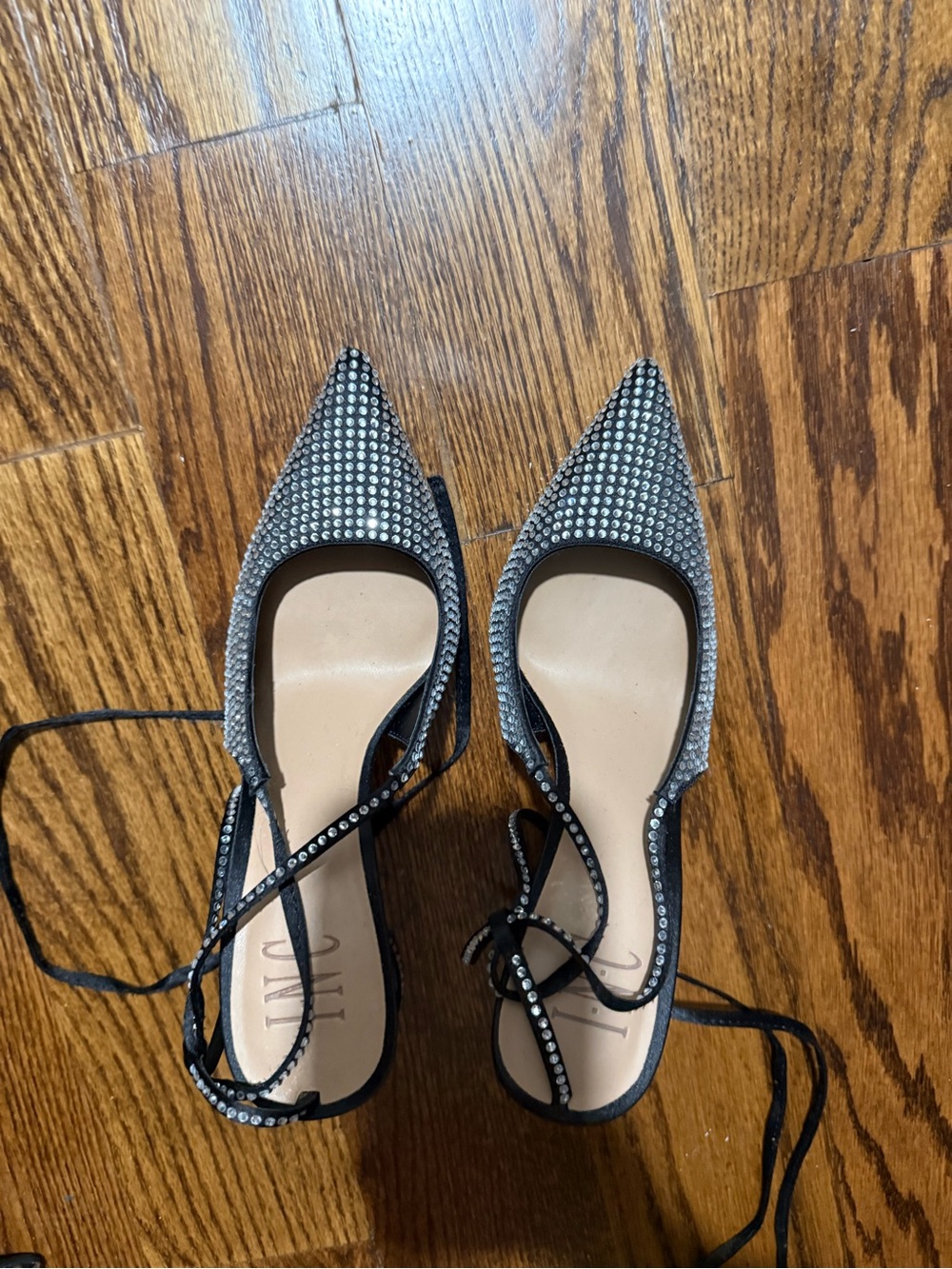 Women's Black Rhinestone Pointed Toe Lace-Up Flats (Worn once)